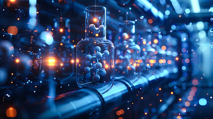Poster - 3d rendering of chemical laboratory test tubes with blue lights on background