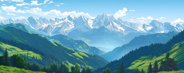 Wall Mural - a serene mountain landscape with lush green trees under a clear blue sky with a single white cloud