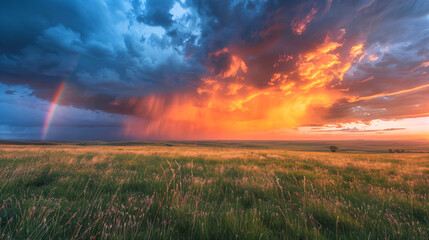 Aufkleber - Stunning prairie sunset with a vibrant rainbow and dramatic clouds