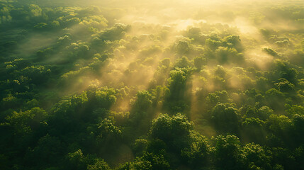 Poster - Aerial view of sun rays piercing through the mist over a lush green forest at dawn