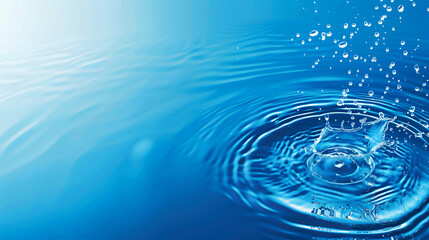 Fototapete - Single water drop close-up causing ripples on a vivid blue background