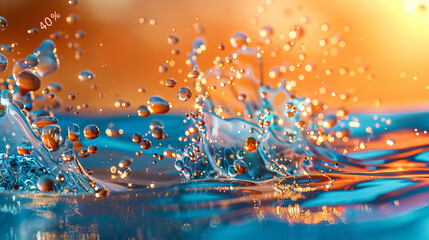 Poster - Close-up of sparkling water droplets with sunset hues, showcasing the beauty of fluid dynamics