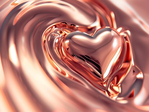 A heart made of gold is floating in a swirl of chocolate. The heart is surrounded by a shiny, reflective surface that gives the impression of a dreamy, romantic atmosphere
