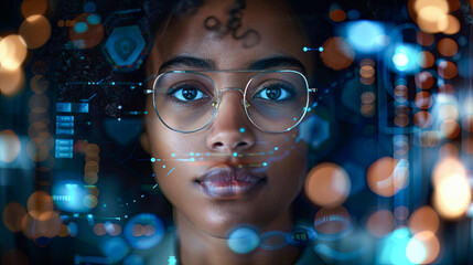 Poster - Innovative technologies in science and medicine. Portrait of young african american woman looking at camera while using futuristic interface.