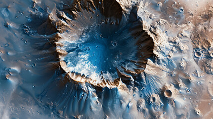 Poster - High-resolution image of a striking martian crater surrounded by dust plains, showcasing mars' unique topography