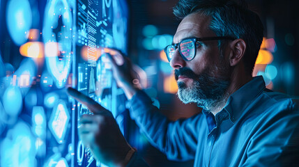 Poster - Data Scientist Working with Big Data Visualizations on a Transparent Display Wall in a Modern Research Laboratory at Night. Augmented Reality