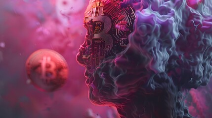 Poster - A woman's face is surrounded by a cloud of smoke and a large bitcoin symbol is floating above her head. Concept of chaos and confusion