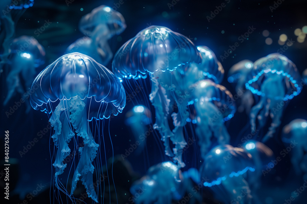 A group of glowing jellyfish drifting in the dark ocean, their ...