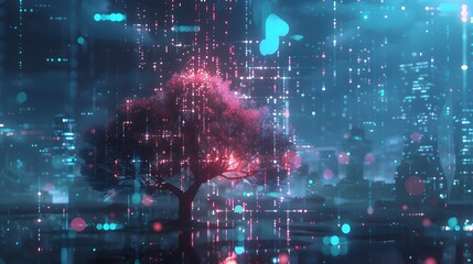 Poster - A tree is shown in a cityscape with a blue sky. The tree is surrounded by a lot of lights and the cityscape is filled with bright colors. Scene is lively and energetic