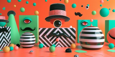 Poster - Colorful Geometric Shapes With Eyes And Moustaches Arranged Symmetrically On An Orange Background