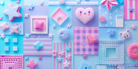 Poster - Pastel Pink and Blue 3D Shapes and Patterns Background