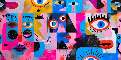 Poster - Abstract Cartoonish Faces Collage With Bold Colors and Geometric Shapes