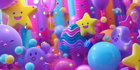 Aufkleber - Brightly Colored 3D Shapes and Characters in a Playful Setting