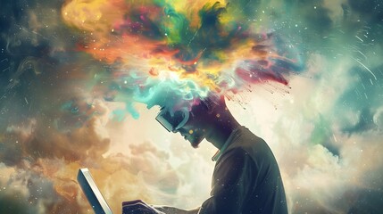 Poster - A man is typing on a laptop in a colorful, starry background. Concept of creativity and imagination, as the man's mind is filled with ideas and thoughts