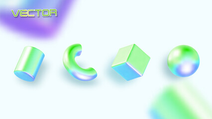 Wall Mural - four shapes floating in the air, each uniquely colored in shades of green and blue. futuristic abstr