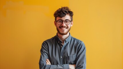 Wall Mural - Confident Young Professional Smiling at the in a Vibrant Office Setting