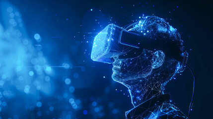 Poster - 3D rendering virtual reality headset or 3d glasses over blue background