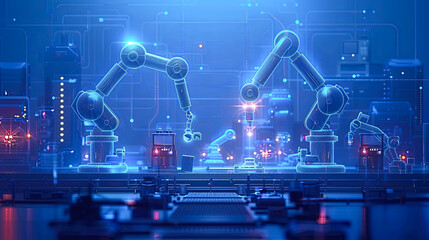 Poster - Industrial robot arm hologram on blue background. 3d rendering