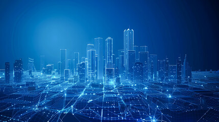 Fototapete - Abstract city with wireframe mesh on blue background. Vector illustration.