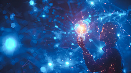 Poster - Young man holding glowing light bulb in his hands. 3D rendering
