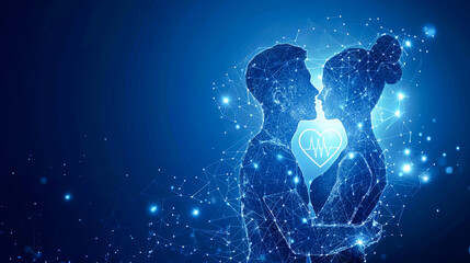 Poster - Silhouette of a man and a woman with a heart on a blue background.