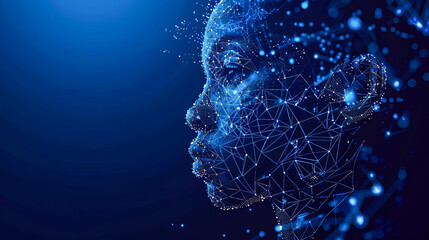 Poster - Abstract Digital Human Face Profile on Dark Blue Background with Glowing Nodes and Lines Representing Artificial Intelligence, Big Data, and Machine Learning Technology Concepts