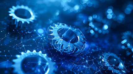 Poster - 3d rendering gear wheel on blue background with connection lines and dots
