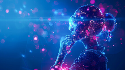 Wall Mural - 3D rendering of a female robot against a blue background with bokeh