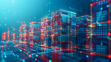 Poster - Abstract 3d rendering of server room with blue and red lights on dark background