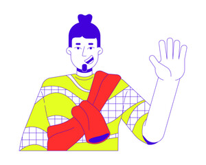 Poster - Casual fashion caucasian man waving hand 2D linear cartoon character. Smiling bearded guy isolated line vector person white background. Positive influencer friendly color flat spot illustration