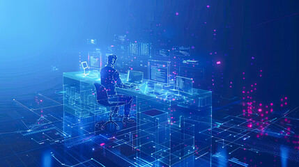 Poster - Back view of businessman sitting on chair and working on laptop on abstract blue background with binary code. Artificial intelligence concept. 3D Rendering