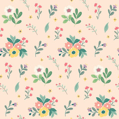 Wall Mural - Seamless floral pattern, liberty ditsy print, abstract flower ornament in cute cartoon style. Pastel botanical design: small hand drawn flowers, leaves, simple bouquets on pink. Vector illustration.