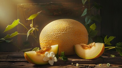 Sticker - Ripe Melon on Rustic Wood Table with Leaves in Soft Light. Fresh Summer Fruit Still Life Composition. Generous Detailed Close-up of Large Melon. Ideal for Summer Recipes or Healthy Eating Themes. AI