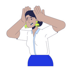 Fototapete - Stressed indian woman squeezing head 2D linear cartoon character. Hindu female employee with burnout isolated line vector person white background. Emotional breakdown color flat spot illustration