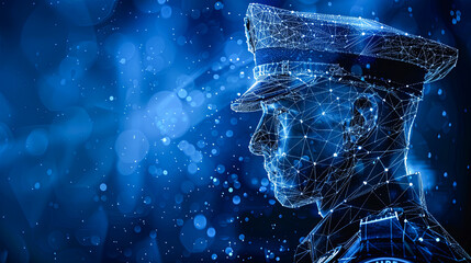 Poster - Abstract Futuristic Law Enforcement Officer with Plexus Design on a Blue Background with Bokeh Lights