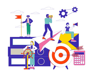 Poster - leadership development 2d linear illustration concept. multiethnic team of businesspeople cartoon ch