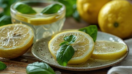 Wall Mural -   A plate with two lemon slices sits beside a glass of water and scattered leaves