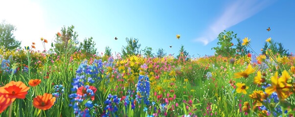 Wall Mural - a colorful field of flowers under a blue sky with a white cloud, featuring orange, yellow, and red blooms