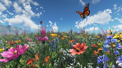 Wall Mural - a colorful array of flowers and butterflies adorn a lush green field under a clear blue sky