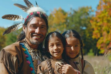 Wall Mural - indigenous people day. Mohican Nation family portrait, smiling on sunny day on native land.