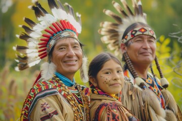 Wall Mural - indigenous people day. Ojibwa Nation family portrait, smiling on sunny day on native land.