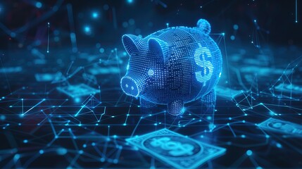 Wall Mural - digital blue piggy bank with a dollar icon with binary code, ai in financial management systems
