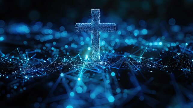 Digital blue Jesus Cross symbol. Christian religion concept. Generative AI technology