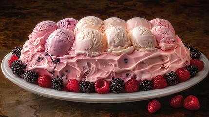 Wall Mural -   Raspberry-topped cake with ice cream on a plate
