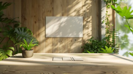 Wall Mural - Minimalist EcoFriendly Office Sustainable Desk with Blank Business Cards in Natural Light