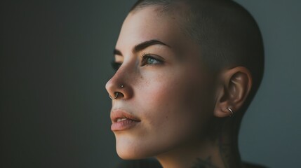 Wall Mural - Close-up portrait of a young woman with short hair and a nose ring. She is looking away from the camera with a pensive expression.