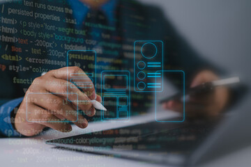 UX UI, Mobile app user interface designs, digital software, mobile app development concept. Planning application process develop prototype wireframe for mobile phone. User experience, computer code