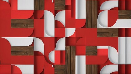 Wall Mural - A modern creative background, with a cubist style, red and white colors, wooden textures