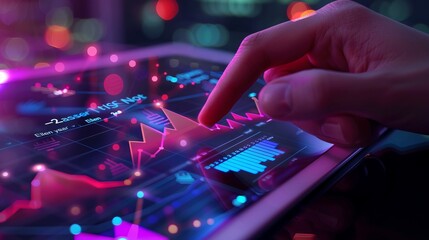 Poster - Close-up of a digital tablet with colorful graphic charts and data visualization. This modern stock photo is perfect for technology, business, and finance related projects.  AI
