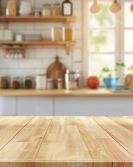 Empty wooden kitchen countertop with blurred modern kitchen background. Perfect for product display or food preparation concepts.